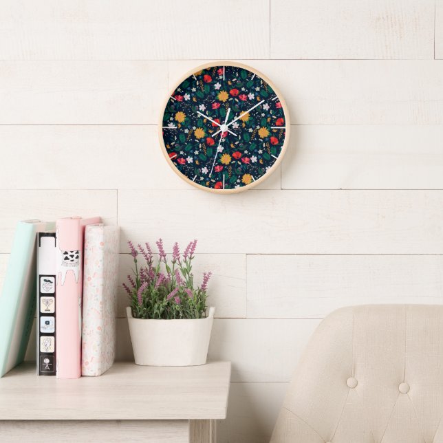 Pretty Colourful Wild Flowers Navy Blue Design Clock (Reading Room)