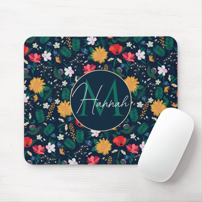 Pretty Colourful Wild Flowers Navy Blue Design Mouse Pad (With Mouse)