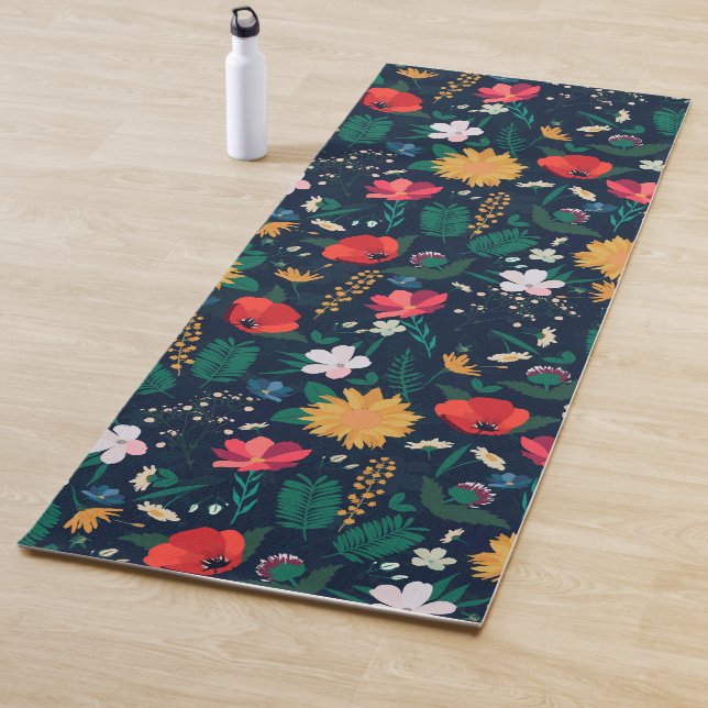 Pretty Colourful Wild Flowers Navy Blue Design Yoga Mat (In Situ)
