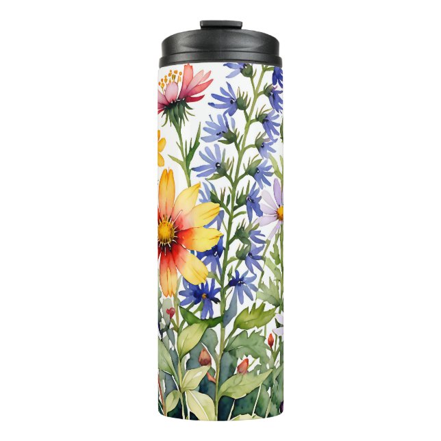 Pretty colourful wildflowers  watercolor painting thermal tumbler (Front)