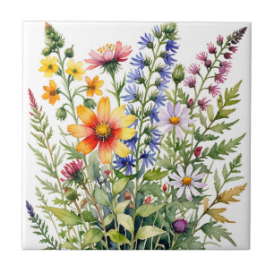 Pretty colourful wildflowers  watercolor painting tile