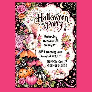Pretty Colourful Witch Halloween Party Invitation
