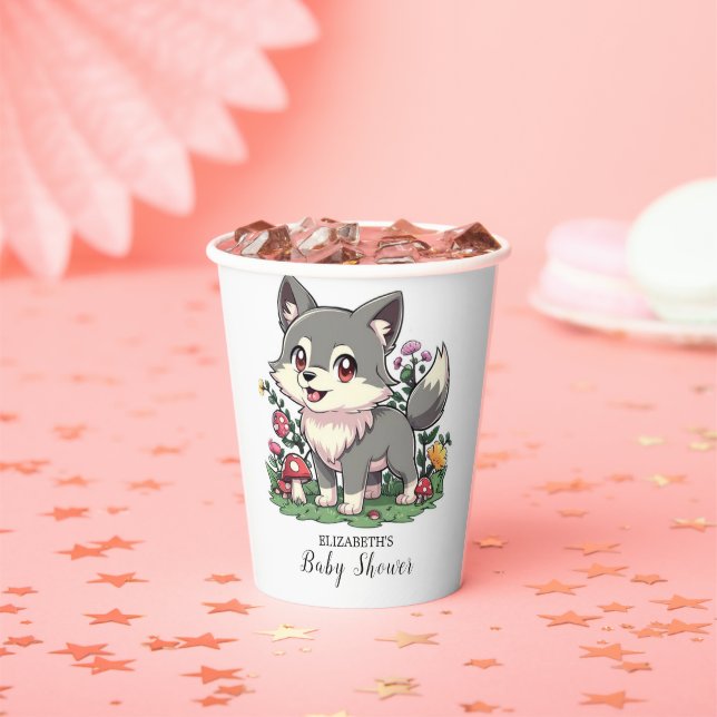Pretty Colourful Wolf Baby Shower Paper Cups (Insitu)