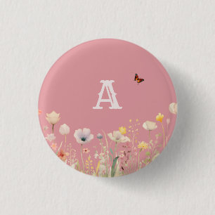 Pretty Colours Watercolor Wildflowers and Monogram 3 Cm Round Badge
