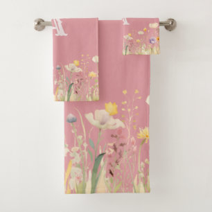Pretty Colours Watercolor Wildflowers and Monogram Bath Towel Set