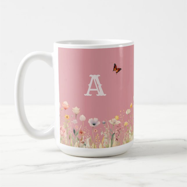 Pretty Colours Watercolor Wildflowers and Monogram Coffee Mug (Left)