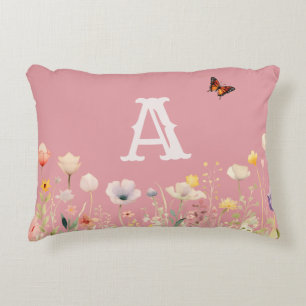 Pretty Colours Watercolor Wildflowers and Monogram Decorative Cushion
