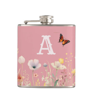 Pretty Colours Watercolor Wildflowers and Monogram Hip Flask