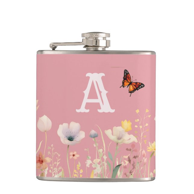 Pretty Colours Watercolor Wildflowers and Monogram Hip Flask (Front)