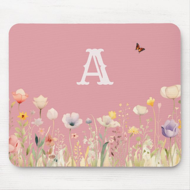 Pretty Colours Watercolor Wildflowers and Monogram Mouse Pad (Front)
