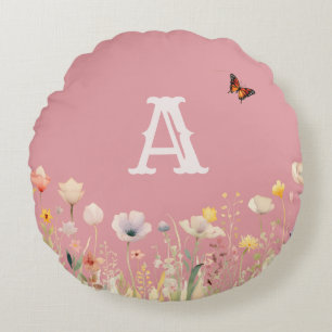 Pretty Colours Watercolor Wildflowers and Monogram Round Cushion