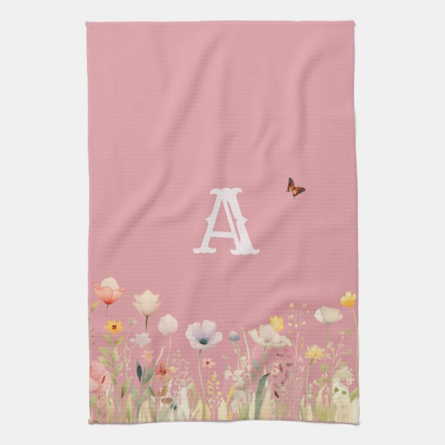 Pretty Colours Watercolor Wildflowers and Monogram Tea Towel (Vertical)