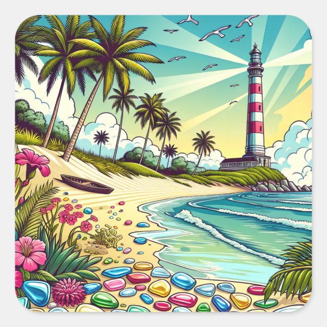Pretty Comic Book Style Tropical Paradise Square Sticker (Front)