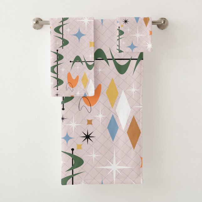 Pretty contemporary retro pattern atomic pink bath towel set (Insitu)