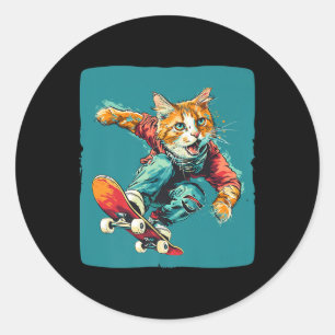 Pretty Cool Skater Cat Outfit For Boys And Girls P Classic Round Sticker