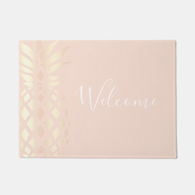 Pretty copper rose gold pineapple & blush pink doormat (Front)