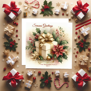 Pretty Coquette Golden Bow Poinsettia Holiday Card