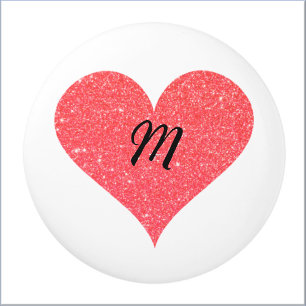 Pretty Coral Glitter Heart with Initial Ceramic Knob