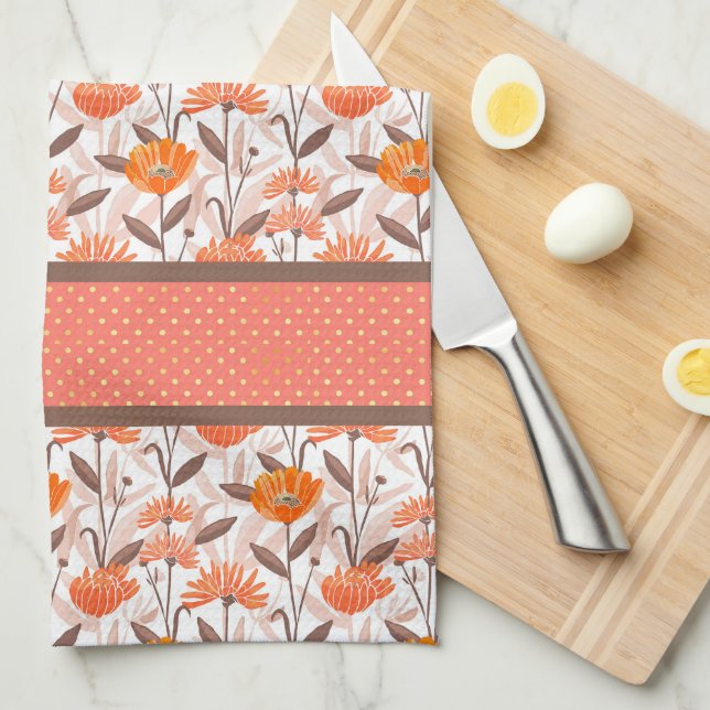 Pretty Coral & Orange Floral Panel  Tea Towel (Quarter Fold)