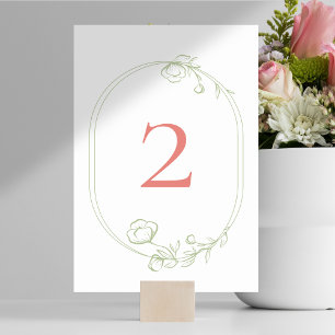 Pretty Coral Pink Floral Wedding Table Number