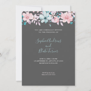 Pretty Country Pink and Blue Floral Grey Wedding Invitation