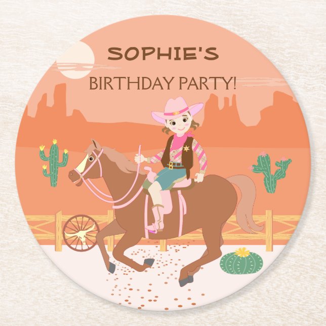 Pretty Cowgirl and horse Birthday Party Round Paper Coaster (Front)
