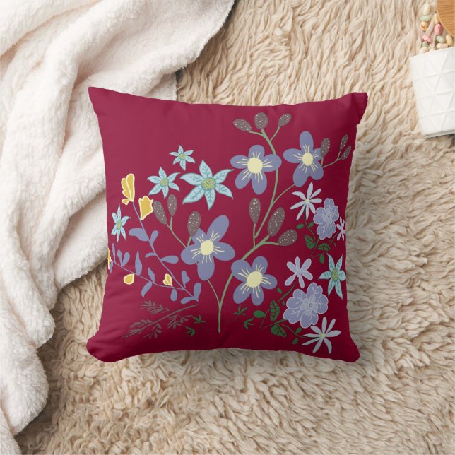 Pretty Cranberry Lavender Floral Pillow (Blanket)