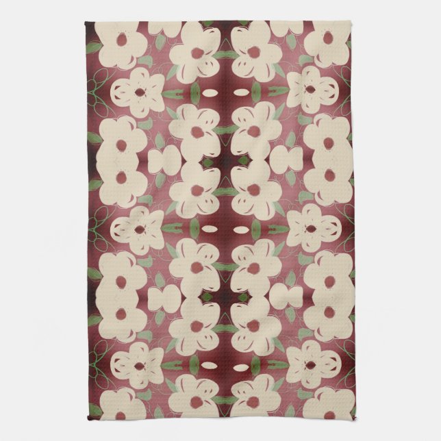 Pretty Cream and Cranberry Print Tea Towel (Vertical)