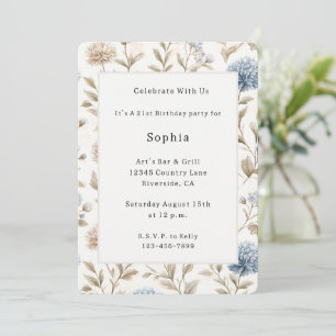 Pretty Cream Blue Flowers Birthday Invitation