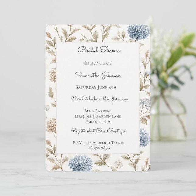 Pretty Cream Blue Flowers Bridal Shower   Invitation (Standing Front)