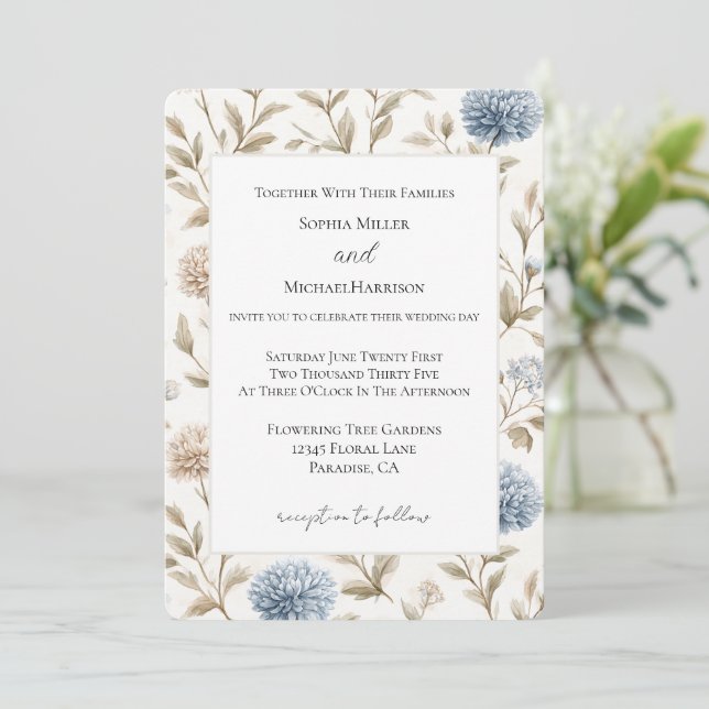 Pretty Cream Blue Flowers Wedding Invitation (Standing Front)