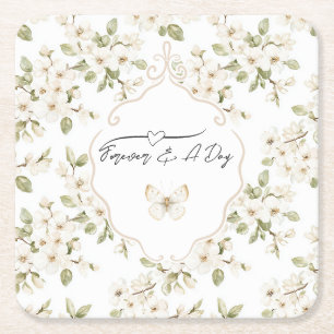 Pretty Cream Flowering Tree Butterfly Wedding Square Paper Coaster