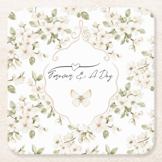 Pretty Cream Flowering Tree Butterfly Wedding Square Paper Coaster (Front)