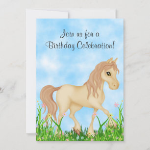 Pretty Cream Horse and Flowers Birthday Invitation