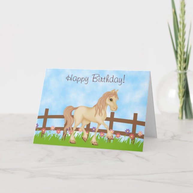 Pretty Cream Horse and Flowers Happy Birthday Card (Front)