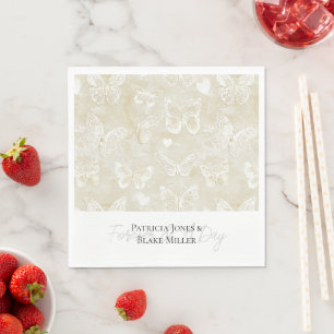 Pretty Cream Ivory Butterflies Hearts Wedding Napkin