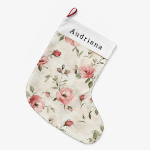 Pretty Cream Pink Roses Floral Christmas Large Christmas Stocking