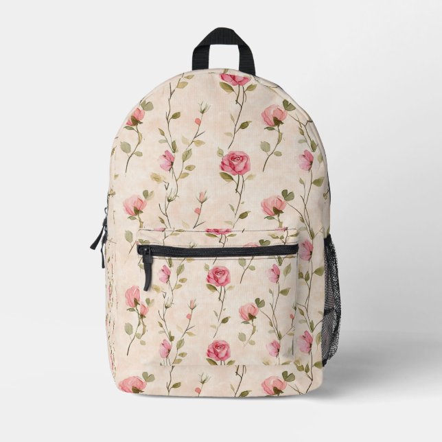 Pretty Cream Pink Roses Floral Printed Backpack (Front)