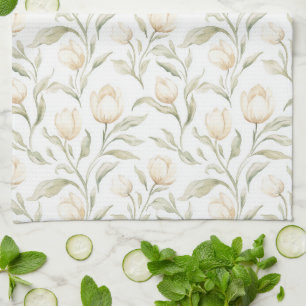 Pretty Cream Tulip Flowers Tea Towel