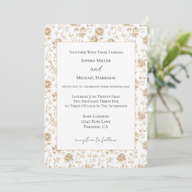 Pretty Cream White Floral Wedding Invitation (Standing Front)