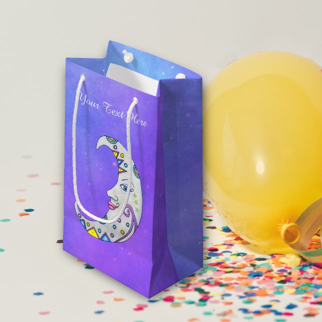 Pretty Crescent Moon Colourful Markings Face Purpl Small Gift Bag (Fancy crescent moon pretty face colourful markings on purple sky celestial themed birthday gift bag.)