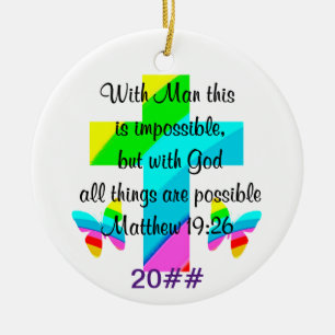 PRETTY CROSS AND RAINBOW MATTHEW 19:26 DESIGN CERAMIC TREE DECORATION