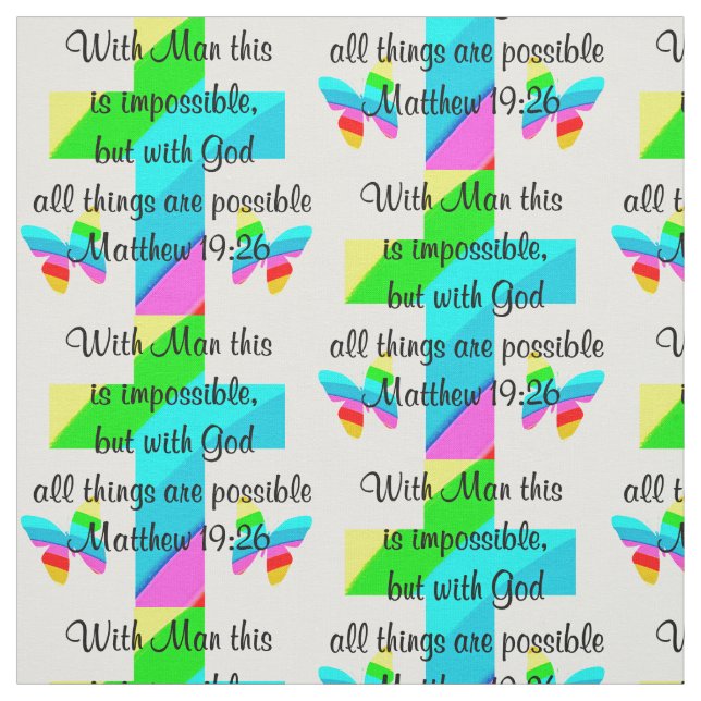 PRETTY CROSS AND RAINBOW MATTHEW 19:26 DESIGN FABRIC (Swatch)