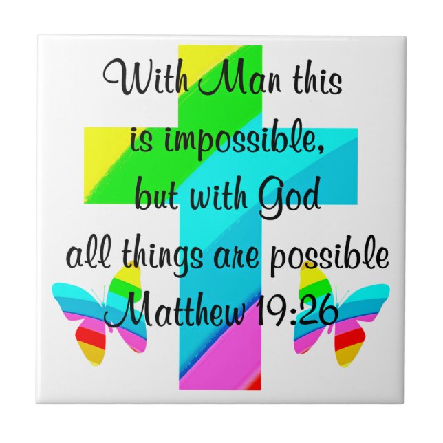 PRETTY CROSS AND RAINBOW MATTHEW 19:26 DESIGN TILE (Front)