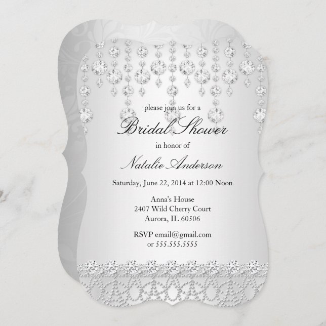 Pretty Crystal Bridal Shower Silver Grey White Invitation (Front/Back)