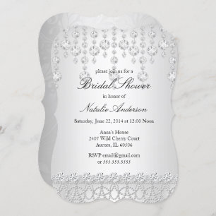 Pretty Crystal Bridal Shower Silver Grey White Invitation