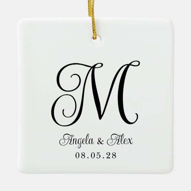 Pretty Curly Wedding Monogram Photo Ceramic Ornament (Front)
