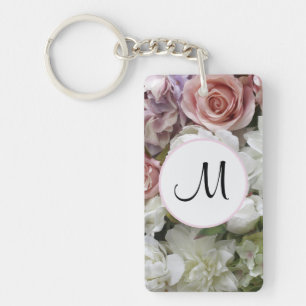 Pretty custom initial pink and ivory floral  key ring