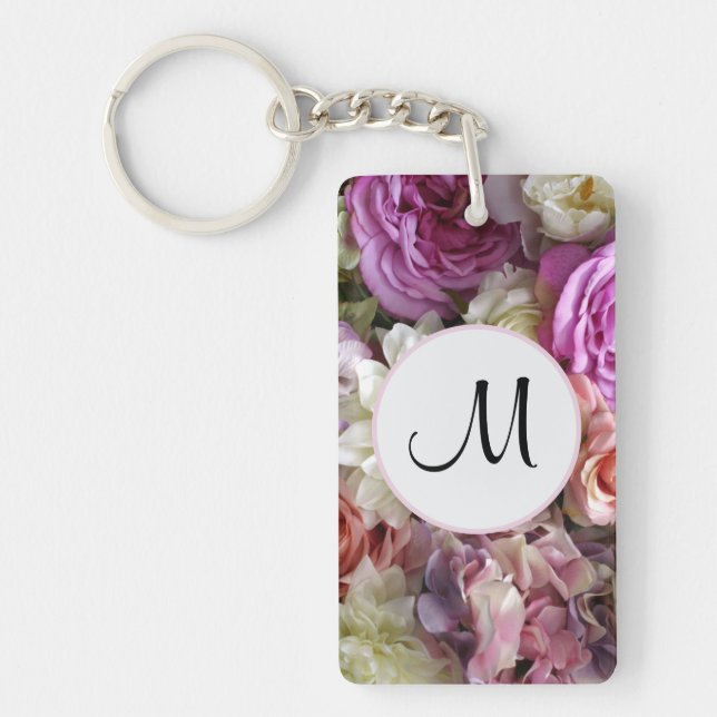 Pretty custom initial pink floral key ring (Front)