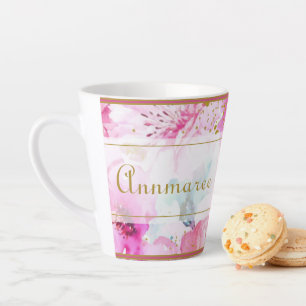 Pretty Custom Name Floral Pink and Gold  Latte Mug